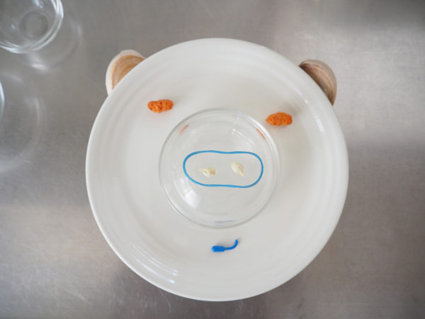 お皿、おかき、にんにく、わごむで作ったブタ